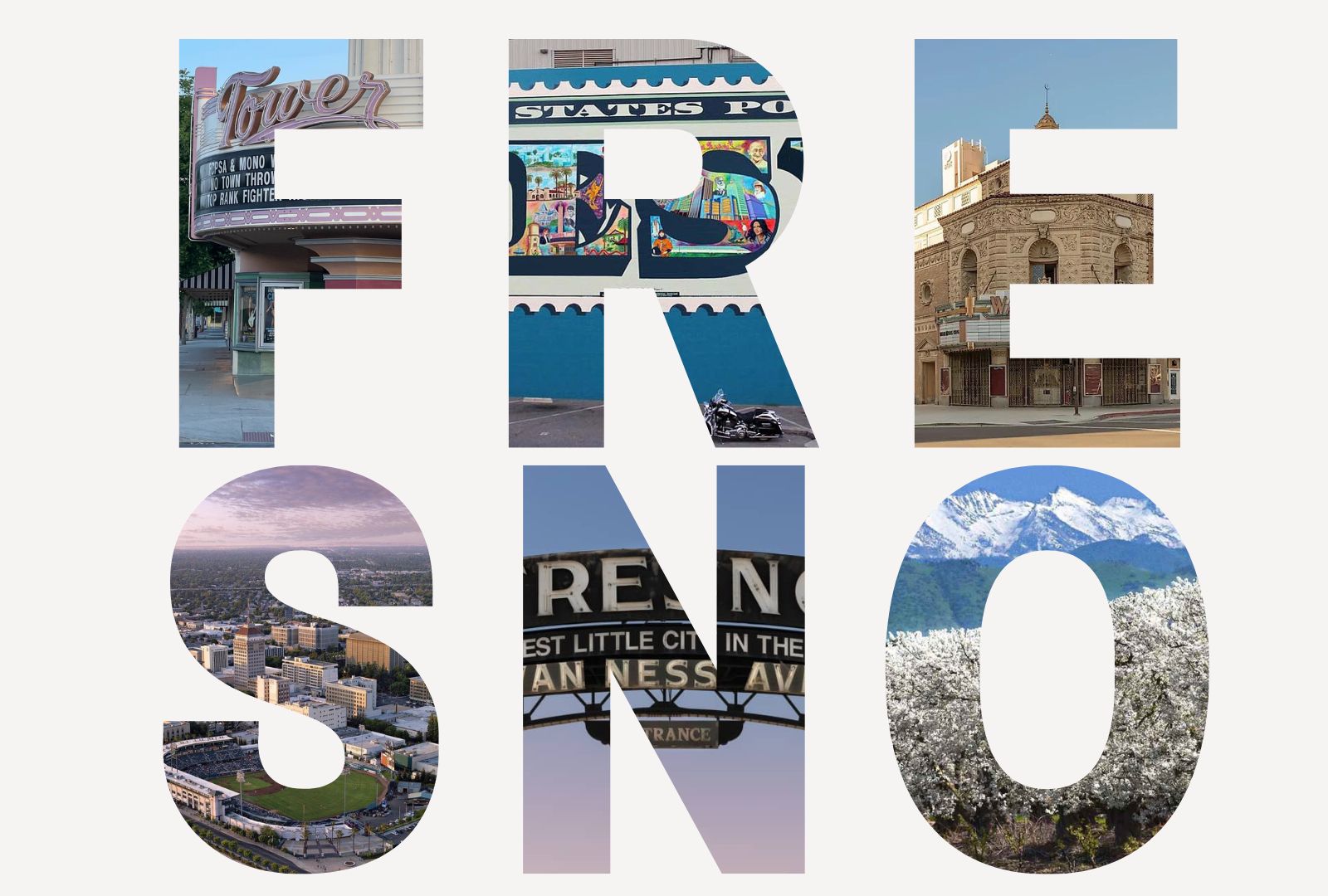 collage of 6 photographs arranged to form the phrase “FRESNO"